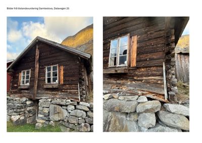 Fotografier av en gammel tømmerhytte med steinfundament, tatt under en tilstandsvurdering.