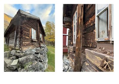 Fotografi av en gammel tømmerhytte med steinfundament, inkludert et nærbilde av vindusrammen og fasaden.