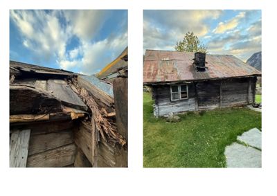 Fotografier av en gammel tømmerhytte med skadet tak og forfallende konstruksjon.