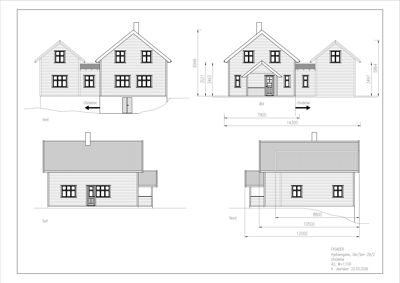 Fasadetegning som viser bygningens utseende fra fire sider (Vest, Øst, Syd, Nord) med mål og detaljer.