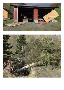 Fotografier av en bygning (garasje) og et område med nedfallet trær.