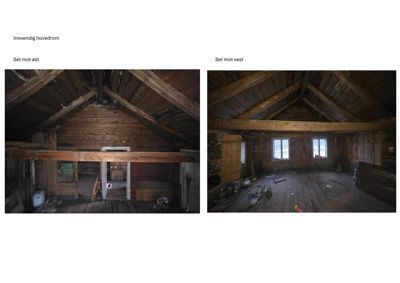 Fotografier av et innvendig hovedrom i en bygning, vist fra to ulike retninger (mot øst og vest).
