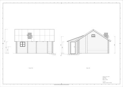 Fasadetegning som viser bygningens utseende fra to sider (Nord og Øst) med mål og detaljer.