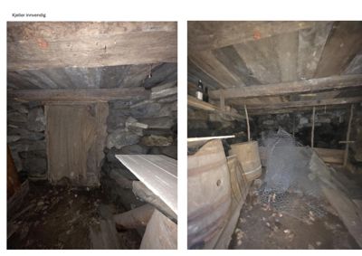 Fotografier av kjellerrom innvendig i en bygning, med steinmur, tømmerbjelker og gjenstander i rommet.