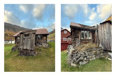 Fotografier av en gammel, rustikk trehytte med steinmur i et fjellandskap.