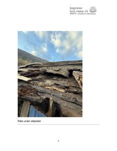 Fotografi som viser råte under stålplater på et tak.