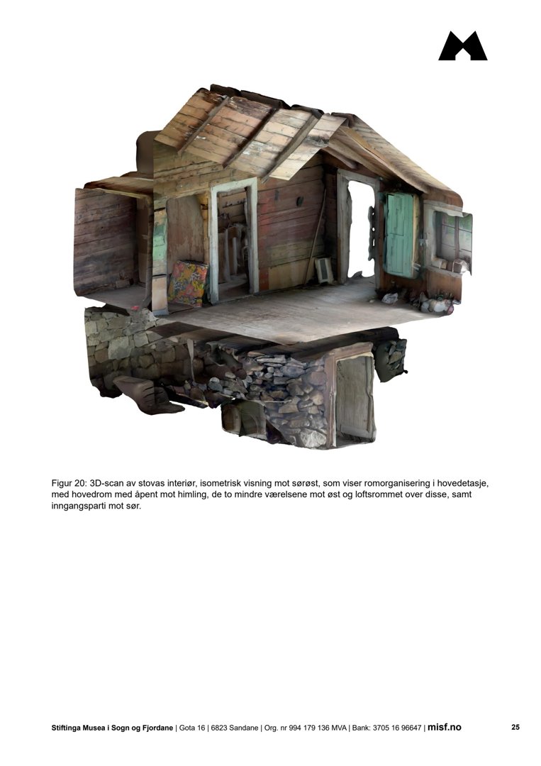 3D-visualisering (3D-scan) av et stovas interiør med isometrisk visning av romfordeling og konstruksjon.