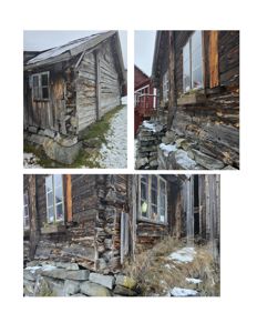 Fotografier av en gammel tømmerbygning som viser skader og slitasje på fasaden, vinduer og fundament.