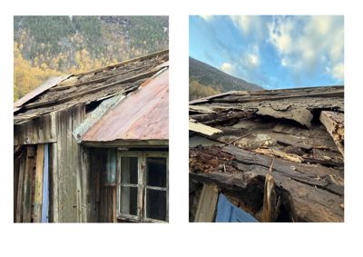 Fotografier av et gammelt og forfallent tak med rustet blytak, råtnende tømmerverk og en bakgrunn av fjell og skog.