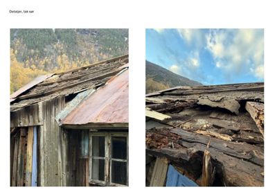 Fotografier av et tak som er i svært dårlig stand med råtne treverk og skadet takbekledning.