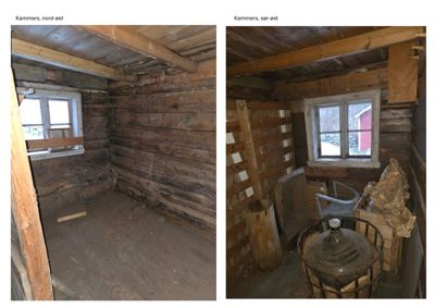 To fotografier av et gammelt, trepanelrom (kammer) sett fra nord-øst og sør-øst.