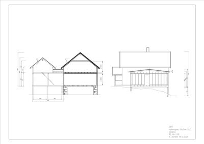 Snittegning som viser tverrsnittet av en bygning med mål og detaljer.