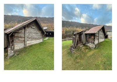 Fotografier av en gammel, forfallelig tømmerhytte sett fra ulike vinkler, med bakgrunn av fjell og skog.