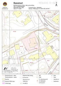 Situasjonsplan (Basiskart) som viser eiendomsgranser, eksisterende bygninger, topografi og planlagt tiltak for en byggesak.