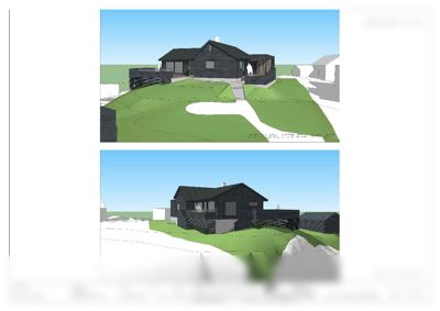 3D-visualisering (rendering) av en husfasade sett fra to ulike vinkler (syd-øst og nord-øst).