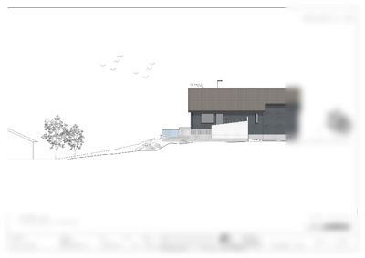 Fasadetegning som viser bygningens utseende sett fra syd, inkludert terrengforhold og eksisterende situasjon.