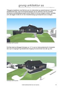 3D-visualisering (rendering) av en tilbygget bolig sett fra sydvest, inkludert omgivelsene.