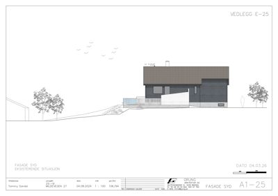 Fasadetegning som viser bygningens utseende sett fra syd, inkludert terrengforhold og eksisterende situasjon.