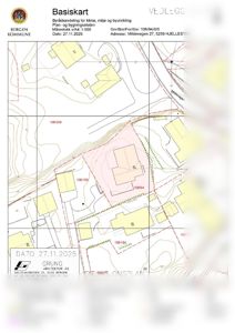 Situasjonsplan (Basiskart) som viser eiendomsgranser, eksisterende bygninger, topografi og planlagt tiltak for en byggesak.