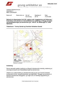 Situasjonsplan som viser eiendommen, eksisterende bebyggelse, planlagt tilbygg og terrasser, samt vegforhold og grunneiergrenser.