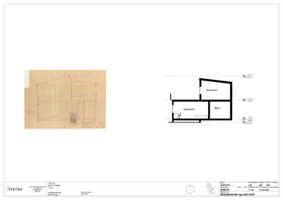 Bildet viser en snittegning (tverrsnitt) av en bygning, med rombetegnelser som 'Soverom' og 'Bod', samt høydeangivelser. Til venstre er det også en mindre, gultet tegning som ser ut til å være en eldre tegning eller et utkast.