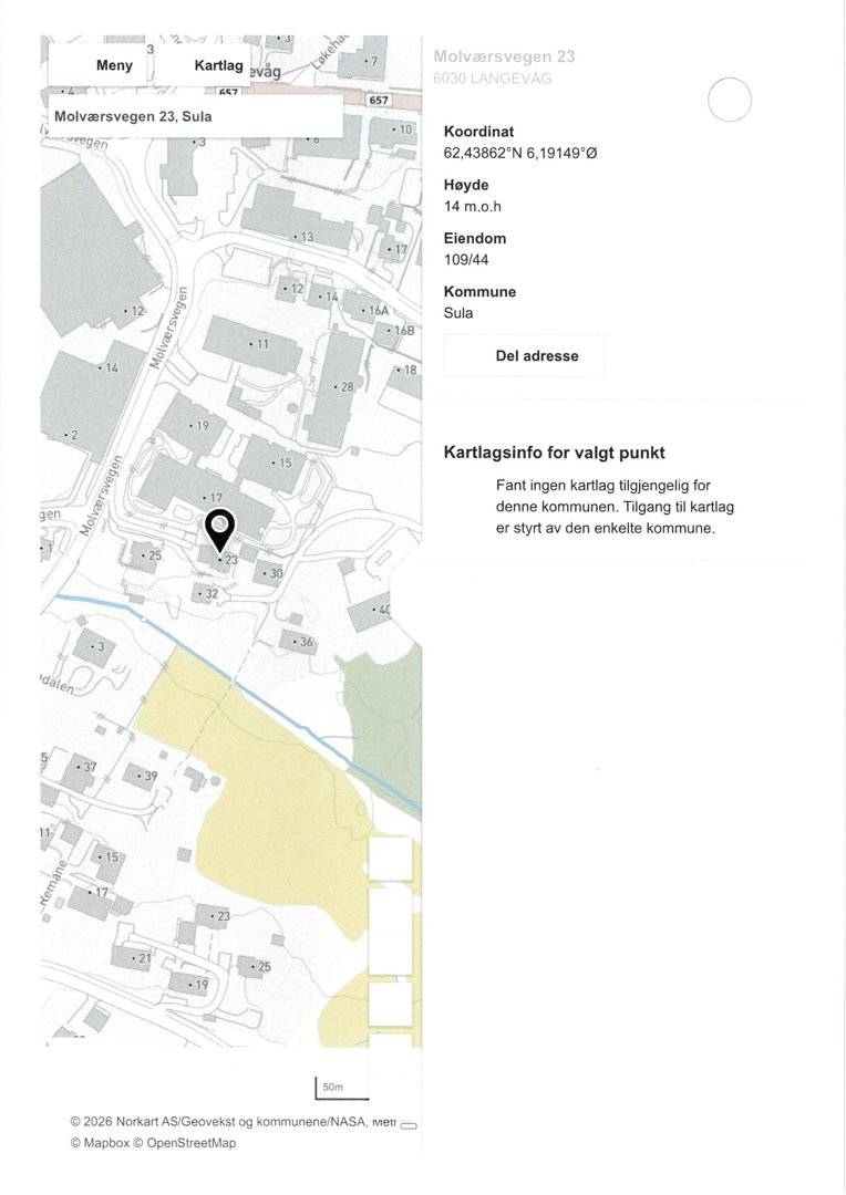 Kart over Molværsvegen 23 i Sula med adresseinfo og koordinater.
