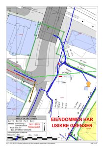 Situasjonskart for bygge- og delesakker som viser eiendomsnummer, adresse, areal, grenser (grønn/blå linjer) og nabolag.