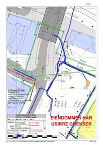 Situasjonskart som viser eiendomsgrenser, avstander til naboeiendommer og infrastruktur, samt eiendomsdata.