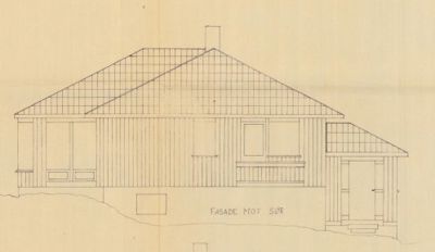 Fasadetegning (opprikk) av en bygning sett fra sør.