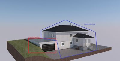 3D-visualisering av en eksisterende bolig og en planlagt ny tilleggsbygning (garasje).