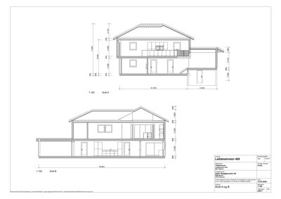 Tegning som viser tverrsnitt (Snitt A og B) av en bolig, med mål og detaljer for konstruksjon.
