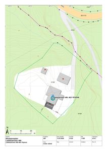 Situasjonsplan som viser tomtens grenser (grønn linje), eksisterende bygninger, høydemålerlinjer og nabolagsgrenser for Leddesølvien 469.