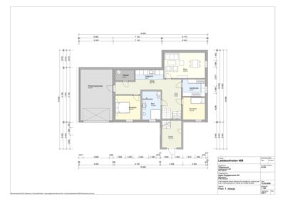 Etasjeplan (Plan 1) som viser romfordeling, dimensjoner og arealer for en leilighet.