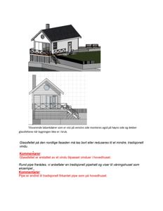 Bildet viser fasadetegninger (oppsett) av en bygning, inkludert både 3D-visualisering og linjetegning, med tilhørende kommentarer om endringer i vinduer og røykledning.