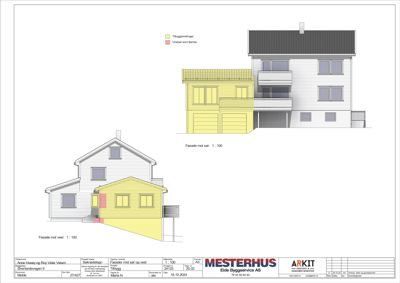 Fasadetegning som viser bygningen sett fra vest og sør, med farger som indikerer tilbygg og vinduer.