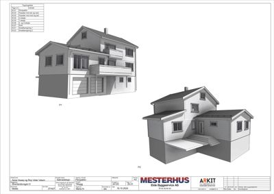 3D-visualisering av et hus med to perspektivbilder (P1 og P2) som viser fasade, balkonger og takform.