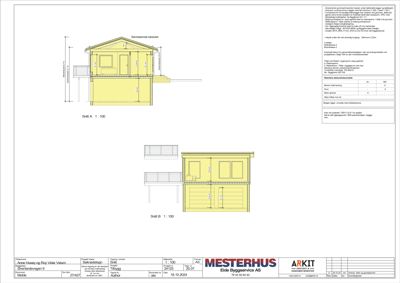 Snittegning (Snitt A og B) av en bolig med mål, detaljer og teknisk informasjon.