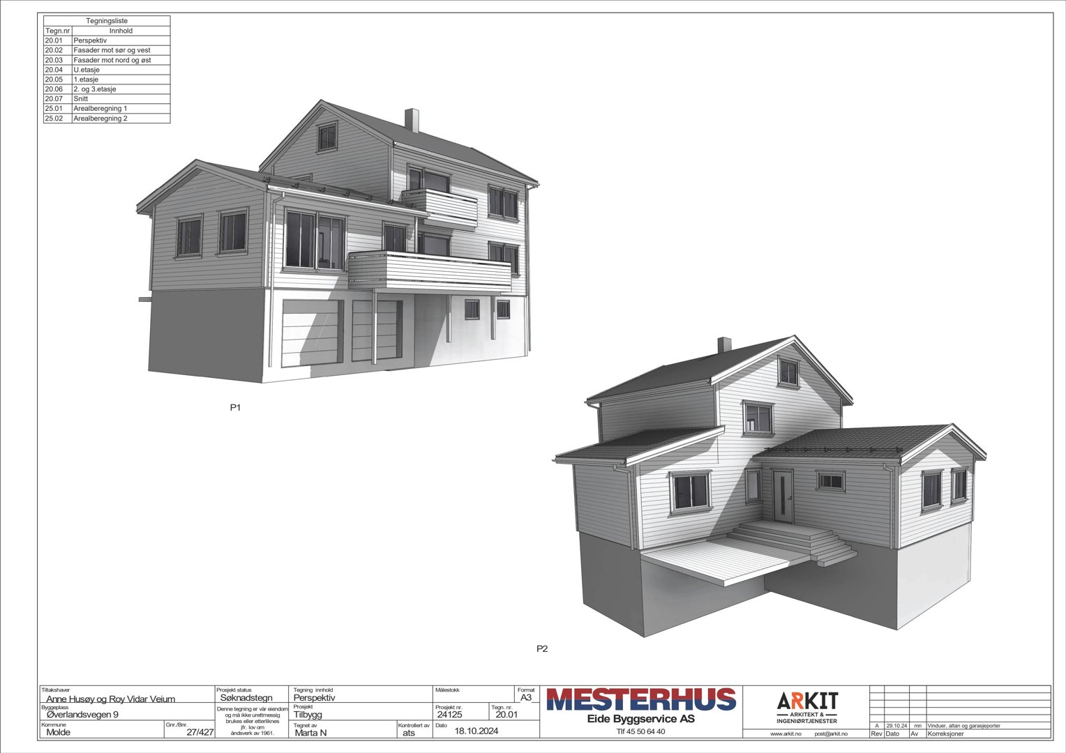 3D-visualisering av en husmodell med to perspektiv (P1 og P2) og en tegningsliste i øvre venstre hjørne.