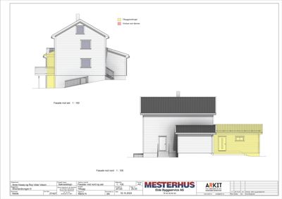 Fasadetegning som viser bygningens utsyn mot øst og nord, inkludert vinduer, tak og tilleggsendringer.