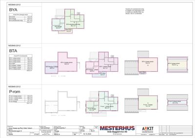 Etasjeplaner (BYA, BTA, P-rom) med romfordeling og arealoppdelinger for en Mesterhus-bygning.