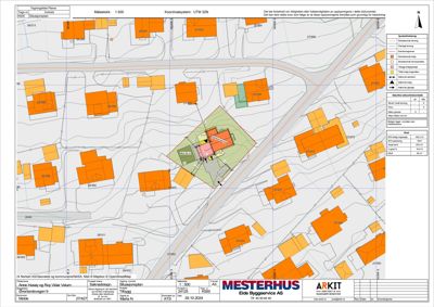 Situasjonsplan som viser tomtens beliggenhet i forhold til nabolag, veier og eksisterende bebyggelse.