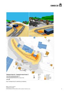 Et kart som viser beregnet støyfordeling (Lden) i området rundt Vaskehall Industriveien 3, med overlappende 3D-visualiseringer av bygninger og terreng.