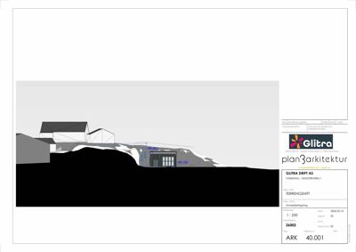 Tegning som viser et tverrsnitt gjennom bygningen og terrenget (terrengsnitt).
