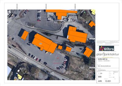 Situasjonsplan som viser bygningers plassering i forhold til veier og eiendomsgrenser.