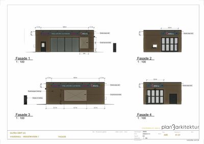 Fasadetegning som viser fire ulike vinkler (fasader) av en bygning med mål og detaljer.
