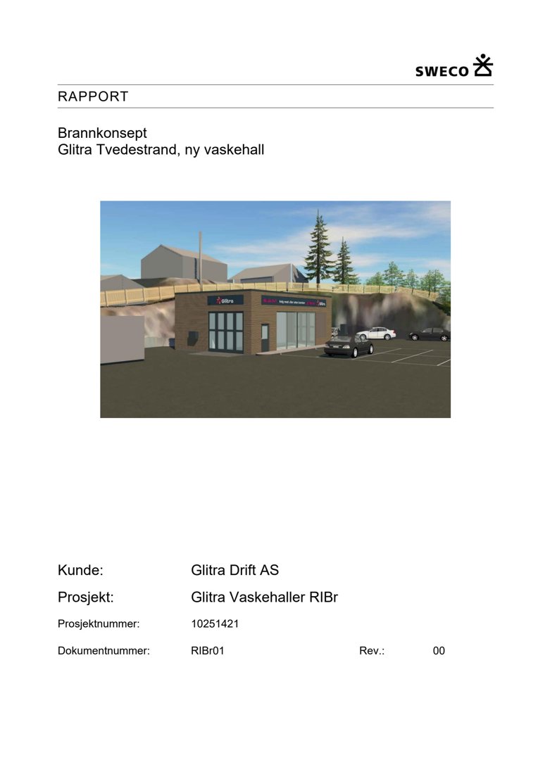 3D-visualisering av en ny vaskehall (Glitra Tvedestrand) sett fra utsiden, inkludert omgivelser og parkeringsplass.