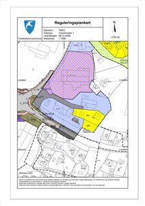 Reguleringsplankart som viser eiendomsgrunn, arealbruk (fargekodet), vegnett og nabolag.