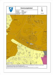 Et kommunale plankart (UTM-kart) som viser eiendomsgrenser, arealbruk og bygningsplassering for eiendommen 58/63 i Tvedestrand kommune.