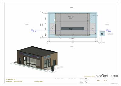 Bildet viser en 3D-visualisering (rendering) av en bygning sett fra utsiden, kombinert med en 2D-opprikk (fasade) overfor. Det er en illustrasjon av hvordan bygningen skal se ut.