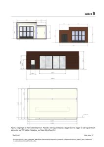 Bildet viser fasadetegninger (opprikk) og en snittegning for et bygg, med mål og detaljer om materialer.